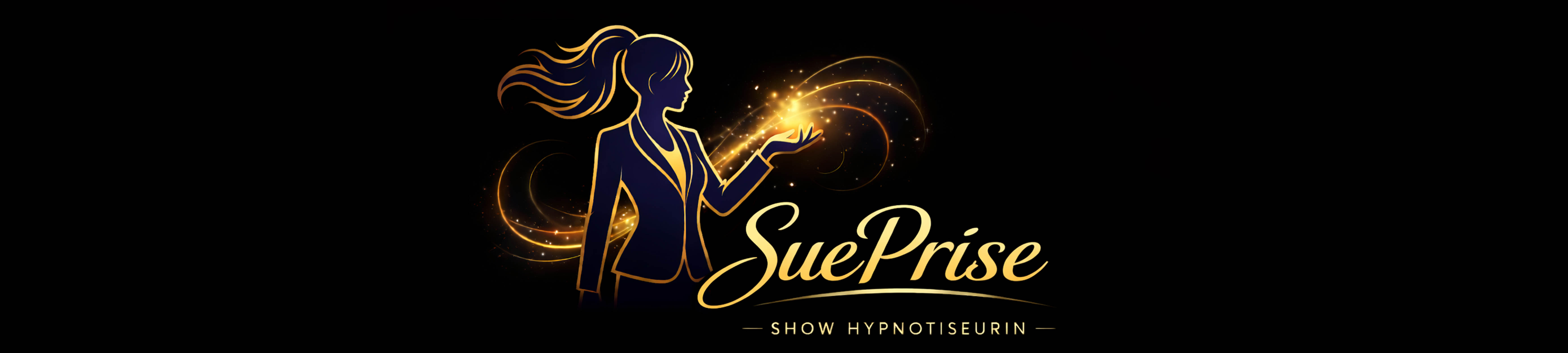 Sue Prise – Show Hypnotiseurin, Logo mit Silhouette und goldenem Lichteffekt